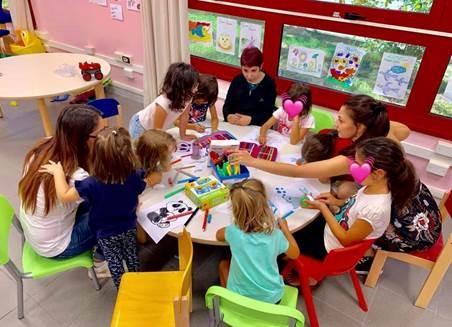 Un gruppo di bambini seduti attorno ad un tavolo con le insegnanti durante un'attività di gruppo