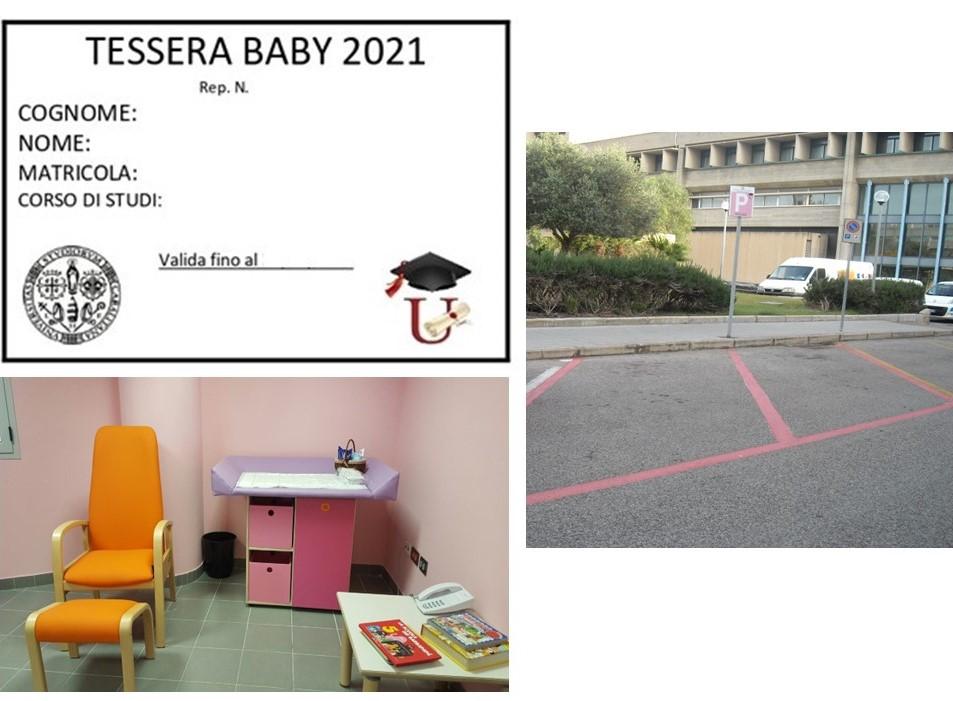 Collage di foto delle Stanze Rosa, il parcheggio esterno, e il modulo della Tessera Baby